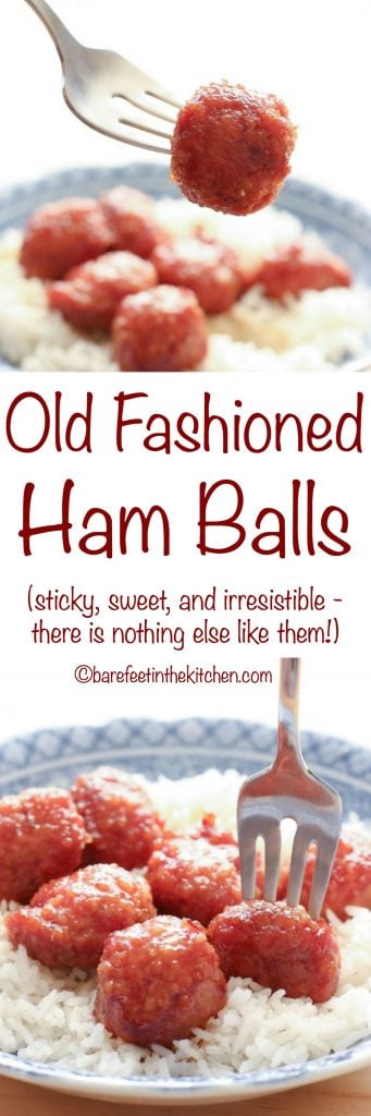 Old Fashioned Ham Balls are sticky, sweet, and completely irresistible! get the recipe at barefeetinthekitchen.com