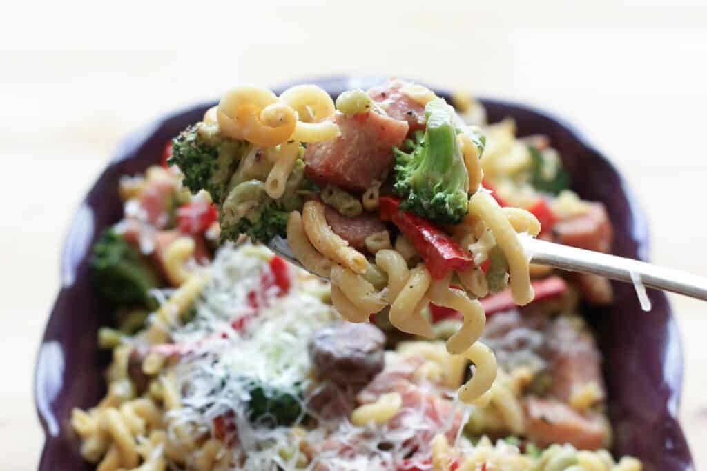 Ham and Vegetable Pasta Skillet with a Light Cream Sauce recipe by Barefeet In The Kitchen