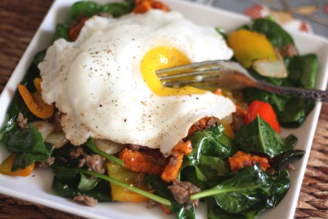 Sweet Potato, Onion, Bell Pepper and Sausage Hash recipe by Barefeet In The Kitchen