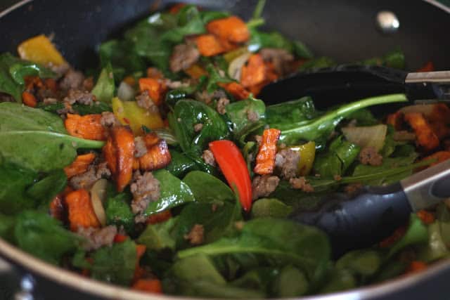 Sweet Potato, Onion, Bell Pepper and Sausage Hash recipe by Barefeet In The Kitchen