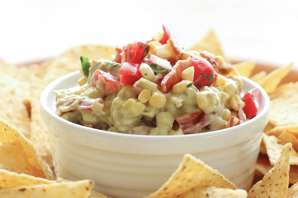 Fresh Corn Dip with Bacon, Avocado and Tomatoes recipe by Barefeet In The Kitchen