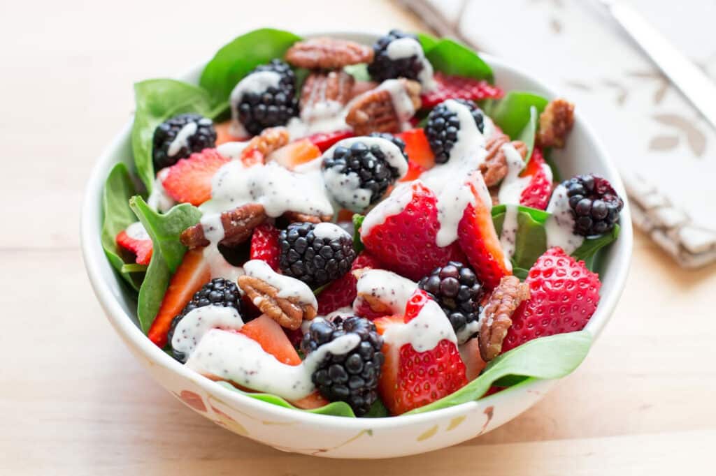 Summer Berry Pecan Salad with Creamy Poppyseed Dressing recipe by Barefeet In The Kitchen