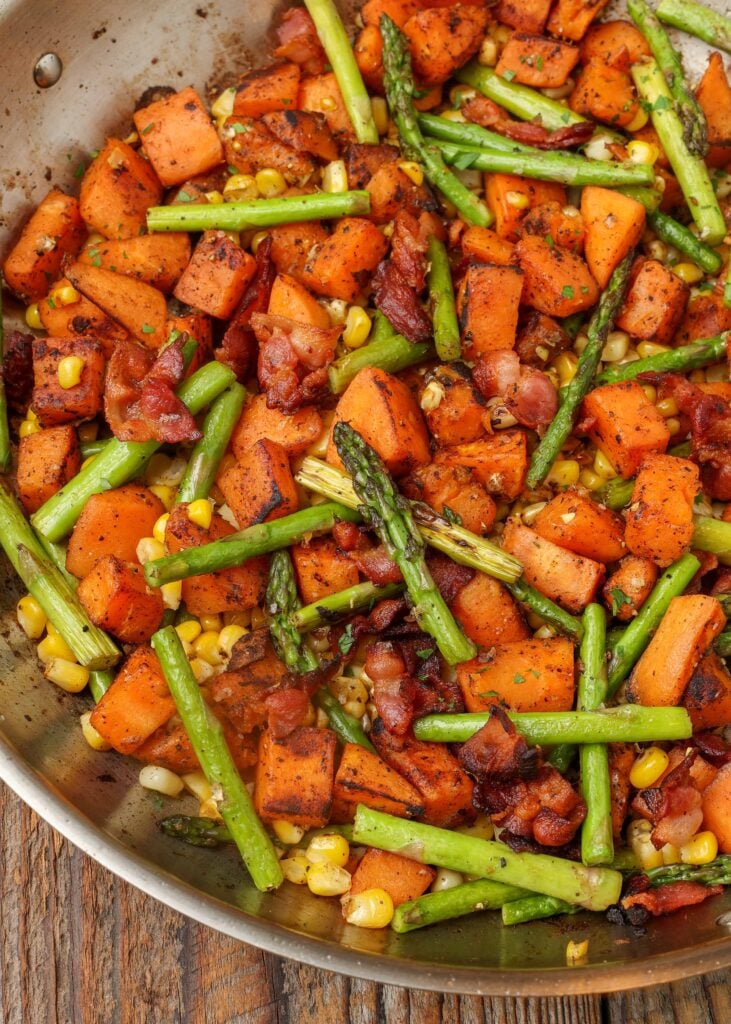 Asparagus bacon skillet with sweet potatoes