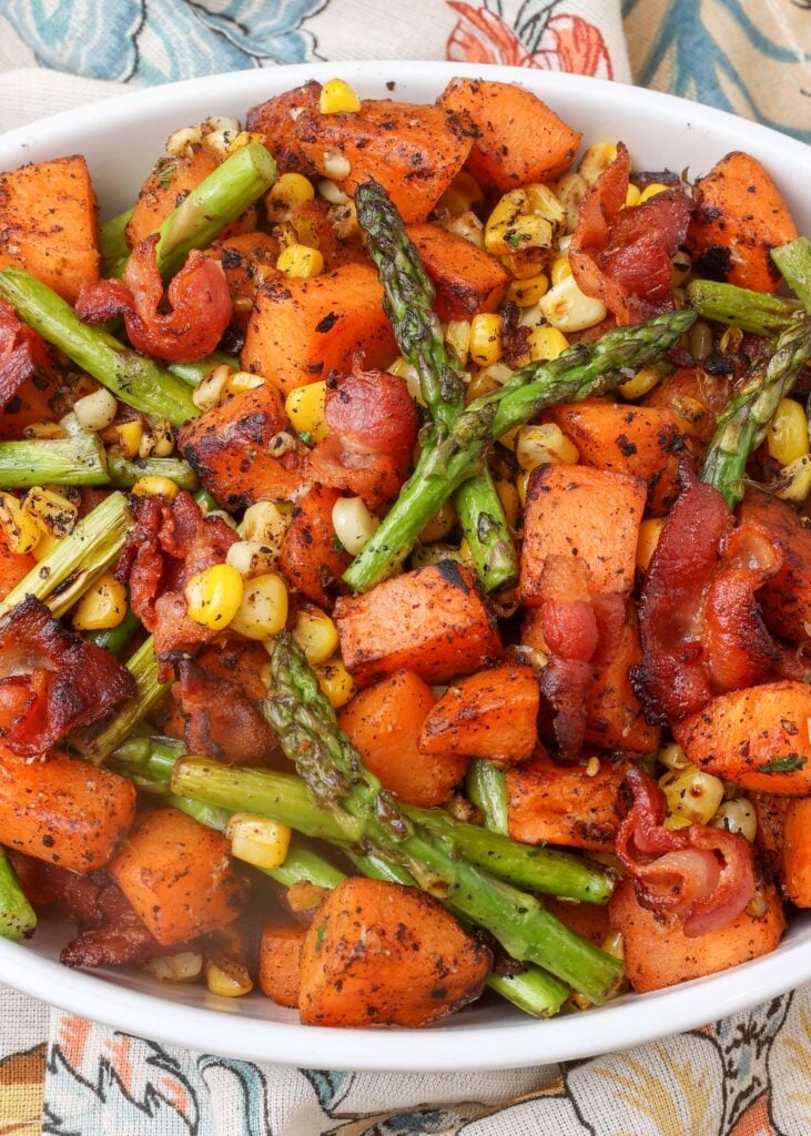 Asparagus bacon skillet with sweet potatoes
