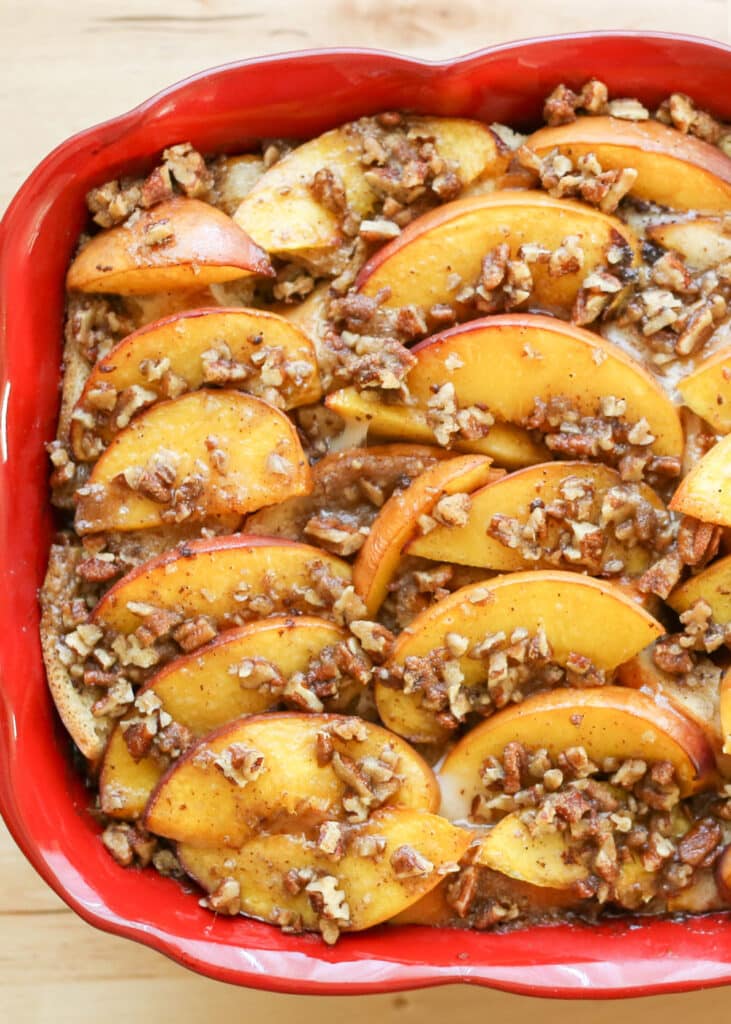 Overnight French Toast Casserole with Peaches and Praline Topping recipe by Barefeet In The Kitchen
