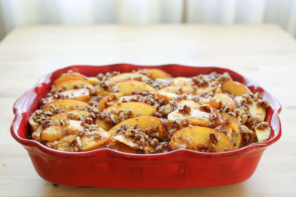 Peaches and Cream French Toast Casserole with Praline Topping recipe by Barefeet In The Kitchen
