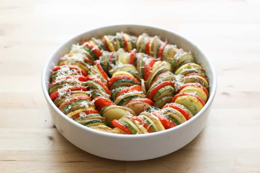 Summer Vegetable Tian Recipe with Zucchini, Tomatoes, Potatoes by Barefeet In The Kitchen