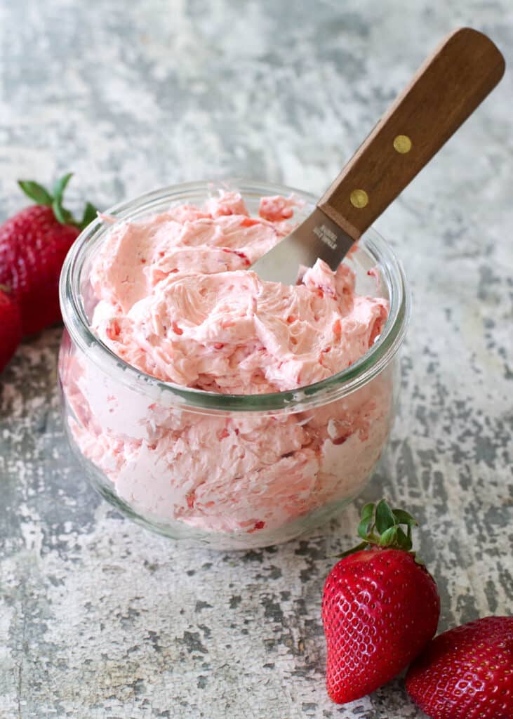 Whipped Strawberry Honey Butter is a dream spread for toast, muffins, croissants, rolls and more!  get the recipe at barefeetinthekitchen.com