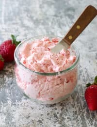 Whipped Strawberry Honey Butter is a dreamy spread for toast, muffins, croissants, rolls, and more! get the recipe at barefeetinthekitchen.com