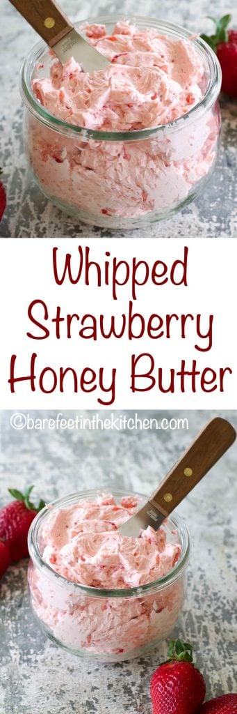 Whipped Strawberry Butter is the topping of your dreams! Try it on pancakes, waffles, toast, and more - get the recipe at barefeetinthekitchen.com