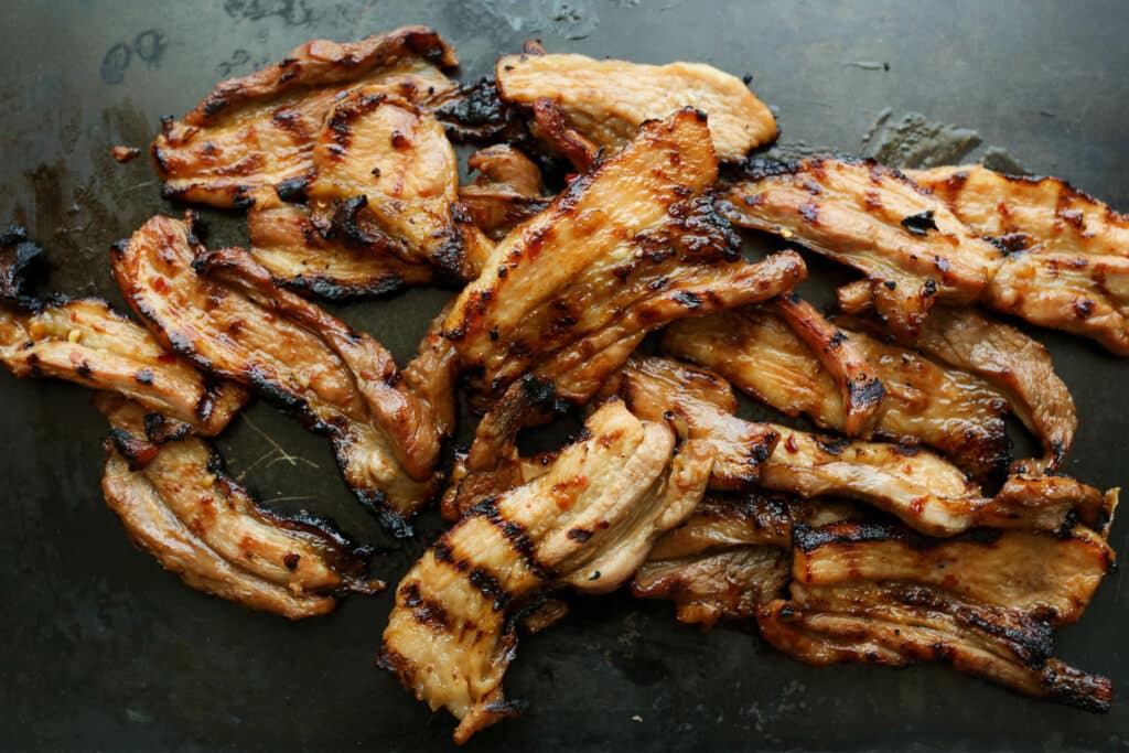 How To Grill Pork Belly {Sweet and Spicy Marinated Pork Belly Strips} recipe by Barefeet In The Kitchen