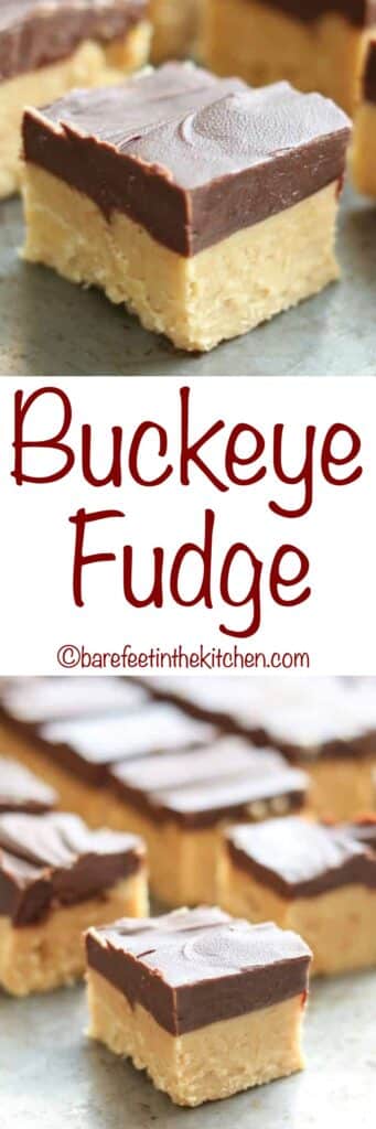Buckeye Fudge is the best of both worlds! Creamy peanut butter meets chocolate in this easy treat. - get the recipe at barefeetinthekitchen.com