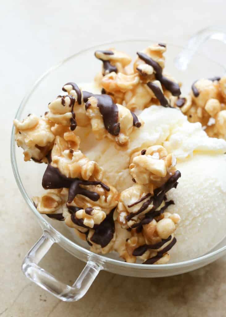 Chocolate Covered Caramel Popcorn Ice Cream Sundaes recipe by Barefeet In The Kitchen