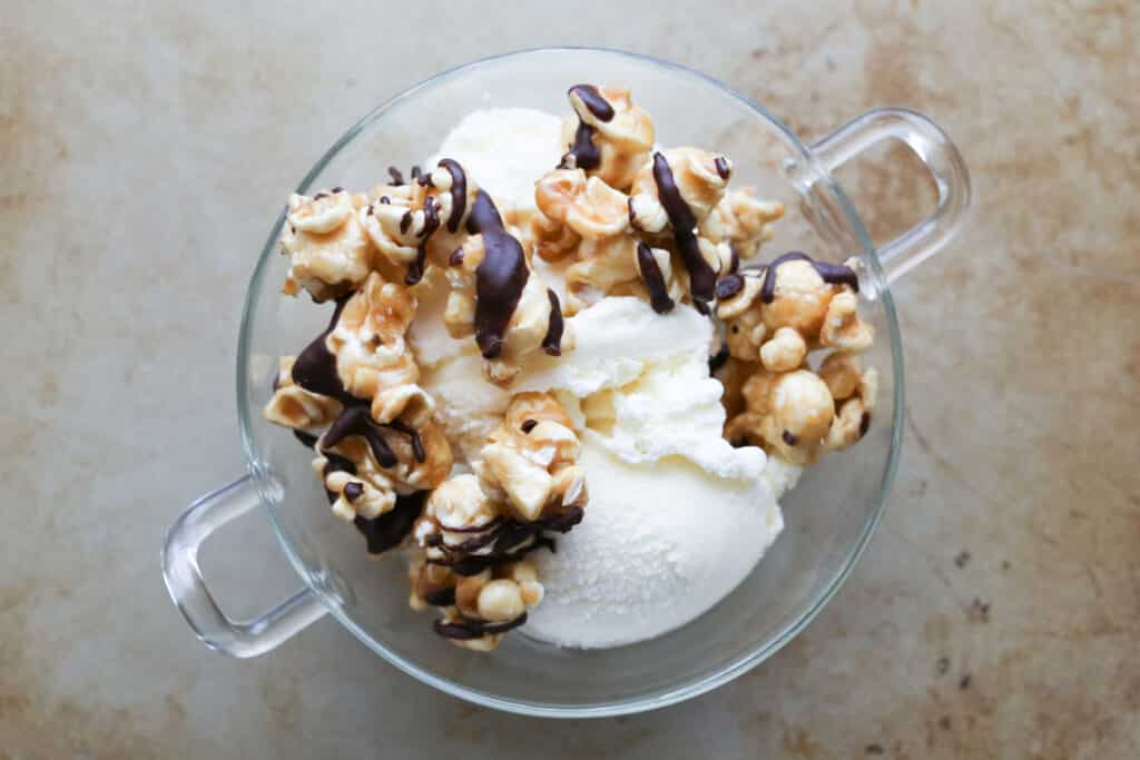 Chocolate Covered Caramel Popcorn Ice Cream Sundaes by Barefeet In The Kitchen