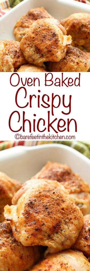 Oven Baked Crispy Chicken - with just 5 minutes effort! Get the recipe at barefeetinthekitchen.com