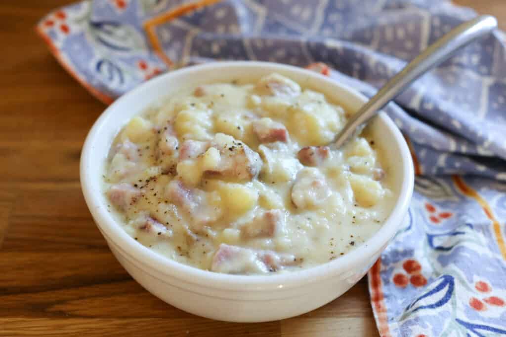 Slow Cooker Potato Ham Chowder recipe by Barefeet In The Kitchen