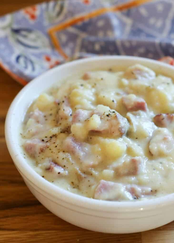 Slow Cooker Mashed Potato and Ham Chowder recipe made with just three ingredients!