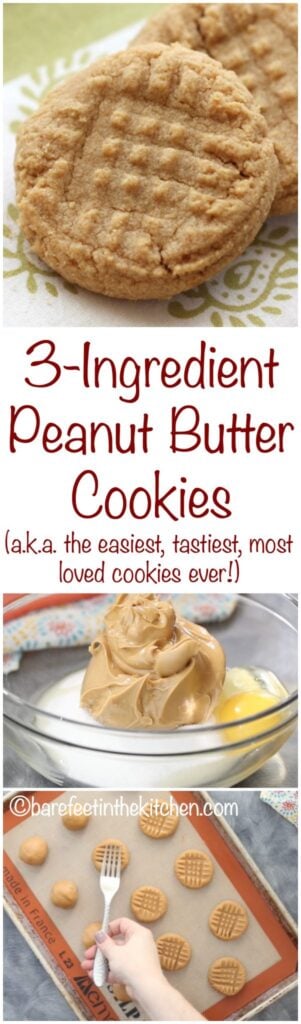 3-Ingredient PB Cookies are the easiest, tastiest, most loved cookie ever! Get the recipe at barefeetinthekitchen.com