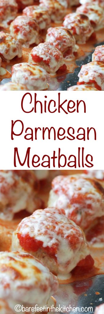 All the flavors of classic Chicken Parmesan are rolled into these bite-size Chicken Parmesan Meatballs. Get the recipe at barefeetinthekitchen.com