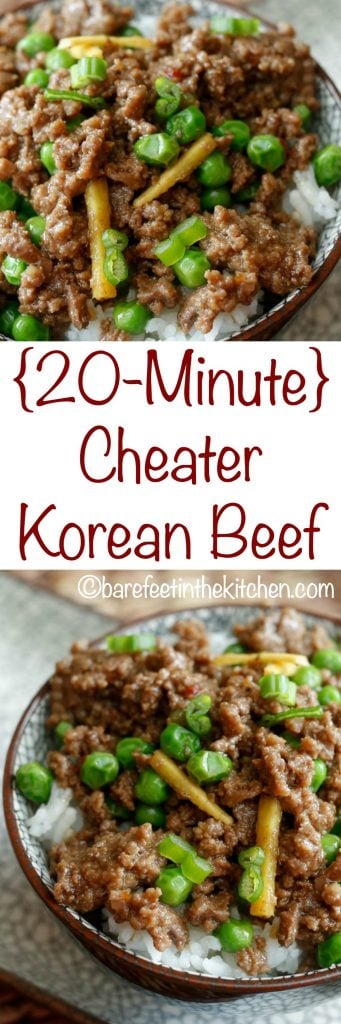 20-Minute Cheater Korean Beef is a meal the whole family will love! Get the recipe at barefeetinthekitchen.com