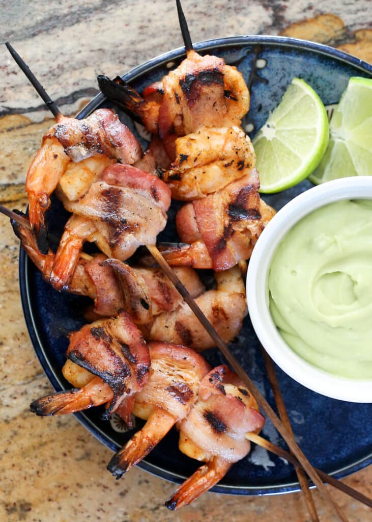 Bacon Wrapped Chipotle Shrimp Kabobs with Avocado Cream Sauce - recipe by Barefeet In The Kitchen