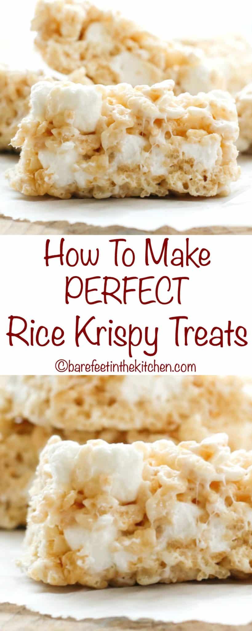 How to make the perfect rice crispy treat - recipe available at barefeetinthekitchen.com