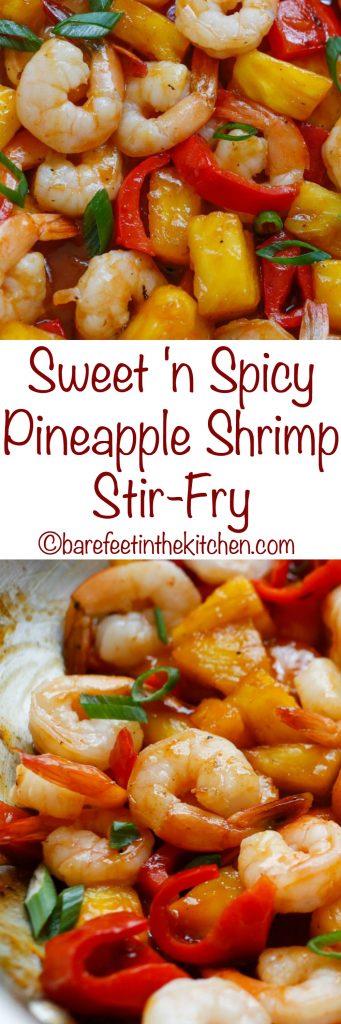 Sweet and Spicy Pineapple Shrimp Stir Fry - get the recipe at barefeetinthekitchen.com