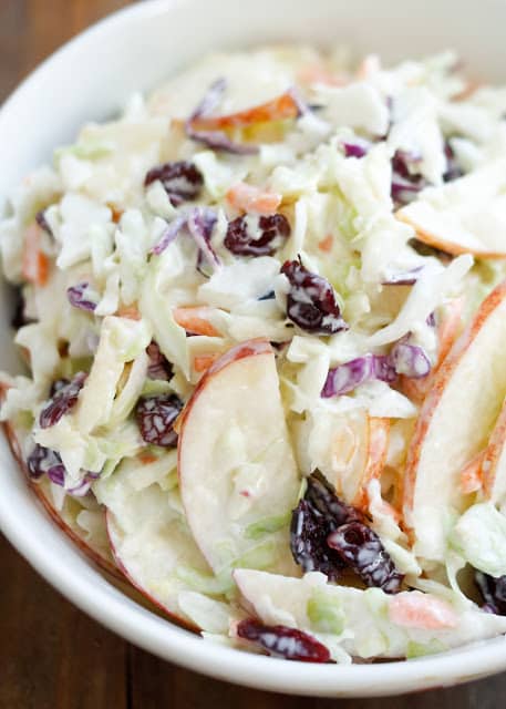 Sweet and Tangy Cranberry Apple Coleslaw - get the recipe at barefeetinthekitchen.com