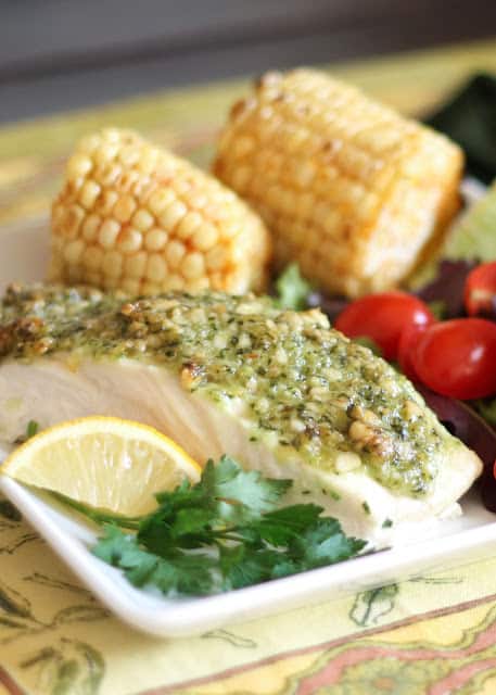 Halibut with a Pine Nut Crust {the fish recipe that even my pickiest eaters love} - get the recipe at barefeetinthekitchen.com