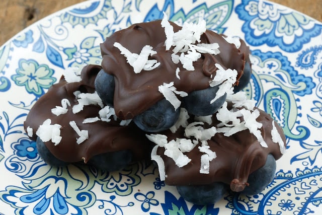 Chocolate Covered Blueberries are an irresistible snack! get the recipe at barefeetinthekitchen.com
