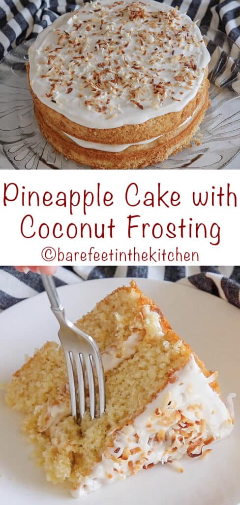Tender Pineapple Cake with Fluffy Coconut Frosting! get the recipe at barefeetinthekitchen.com