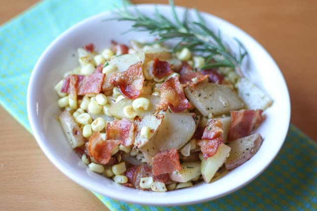 Rosemary Potato Skillet with Bacon and Fresh Corn - get the recipe at barefeetinthekitchen.com