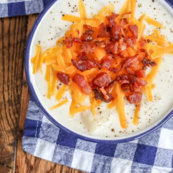 Baked Potato Soup has been called a hug in a bowl. Everyone loves it!