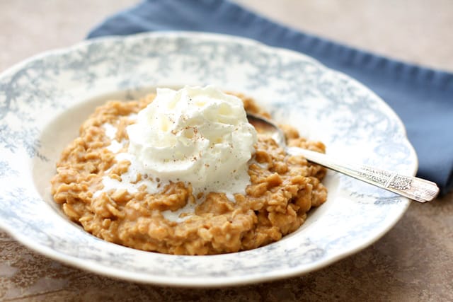 Pumpkin Pie Oatmeal with Vanilla Whipped Cream - get the recipe at barefeetinthekitchen.com