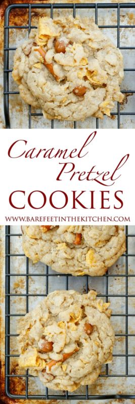 Caramel Pretzel Cookies are a salty sweet treat that no one can resist! get the recipe at barefeetinthekitchen.com