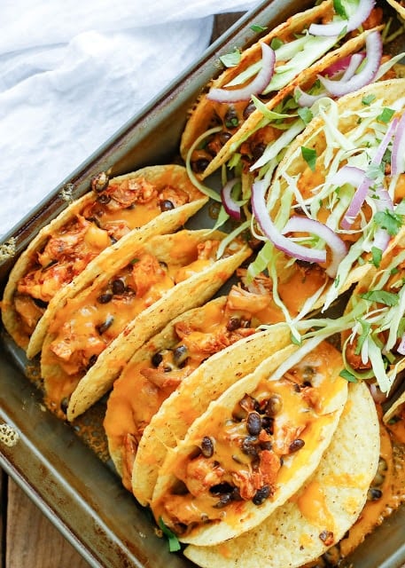 Red Chile Chicken and Black Bean Tacos - get the recipe at barefeetinthekitchen.com