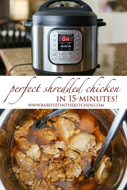 How to make perfect shredded chicken in a crock-pot, pressure cooker, or Instant Pot - recipes included at barefeetinthekitchen.com