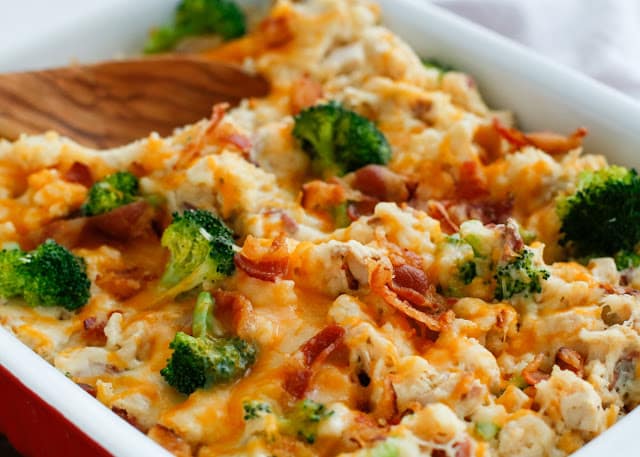 Loaded Baked Potato Casserole with Chicken and Broccoli - get the recipe on barefeetinthekitchen.com