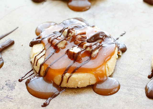 Caramel and Chocolate Covered Shortbread Turtle Cookies - get the recipe at barefeetinthekitchen.com