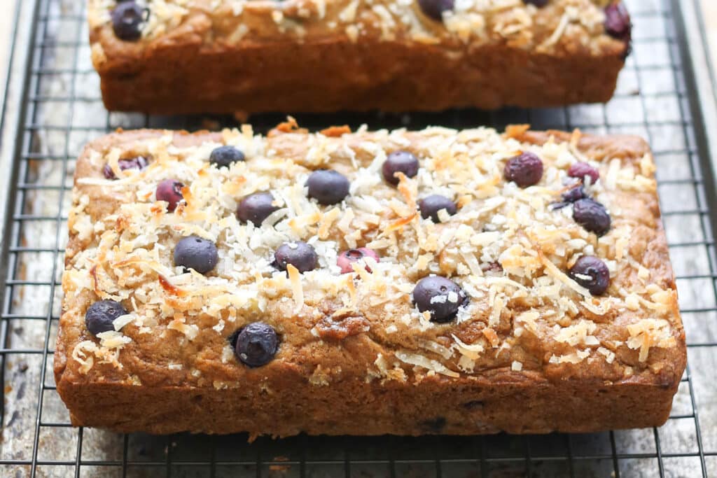 Blueberry Coconut Banana Bread, traditional and gluten free recipes by Barefeet In The Kitchen