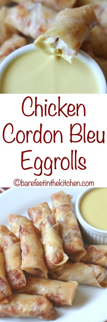 All the flavors of classic chicken cordon bleu are wrapped up in these Chicken Cordon Bleu Eggrolls! Get the recipe at barefeetinthekitchen.com