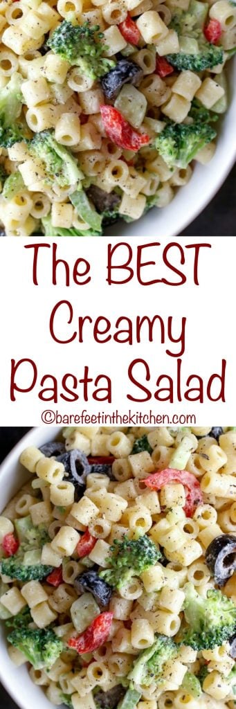 BEST CREAMY PASTA SALAD IS EVERYONE'S FAVORITE! Recipes are available at barefeetinthekitchen.com.