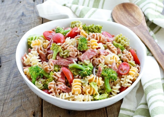 Broccoli and Salami Pasta Salad is perfect for any occasion! - get the recipe at barefeetinkitchen.com
