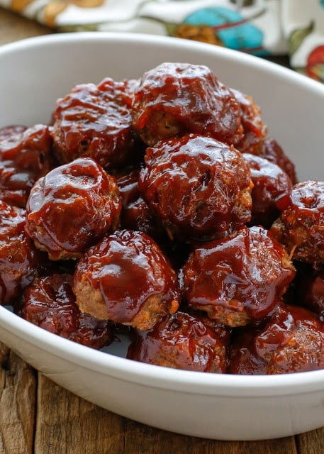 Sweet and Spicy Dirty Meatballs (made with pulled pork and ground beef) - get the recipe at barefeetinthekitchen.com