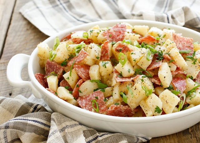 Italian Potato Salad recipe with plenty of salami and a honey mustard vinaigrette.