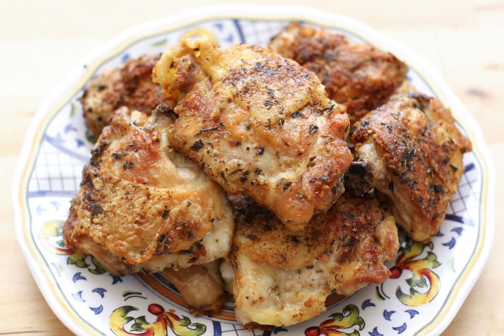 Pan Fried Italian Chicken Thighs, crisp and juicy with only a tablespoon of oil! recipe by Barefeet In The Kitchen