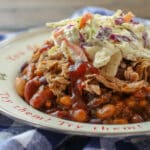 BBQ Sundaes are the ultimate combination of pulled pork, baked beans, and southern coleslaw! get the recipes at barefeetinthekitchen.com