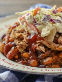 BBQ Sundaes are the ultimate combination of pulled pork, baked beans, and southern coleslaw! get the recipes at barefeetinthekitchen.com