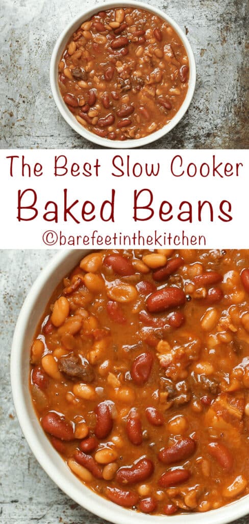 The very BEST Crockpot Baked Beans are a reader favorite! get the recipe at barefeetinthekitchen.com