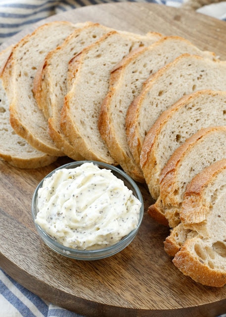 Creamy butter covered with all the spices you'd find on an everything bagel, Everything Butter is the ultimate way to dress up your dinner on a casual weeknight or for a fancy dinner! - get the recipe at barefeetinthekitchen.com